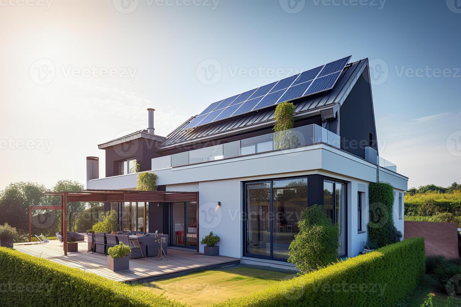 generatief ai illustratie van een gezin huis met fotovoltaïsche Aan de dak foto