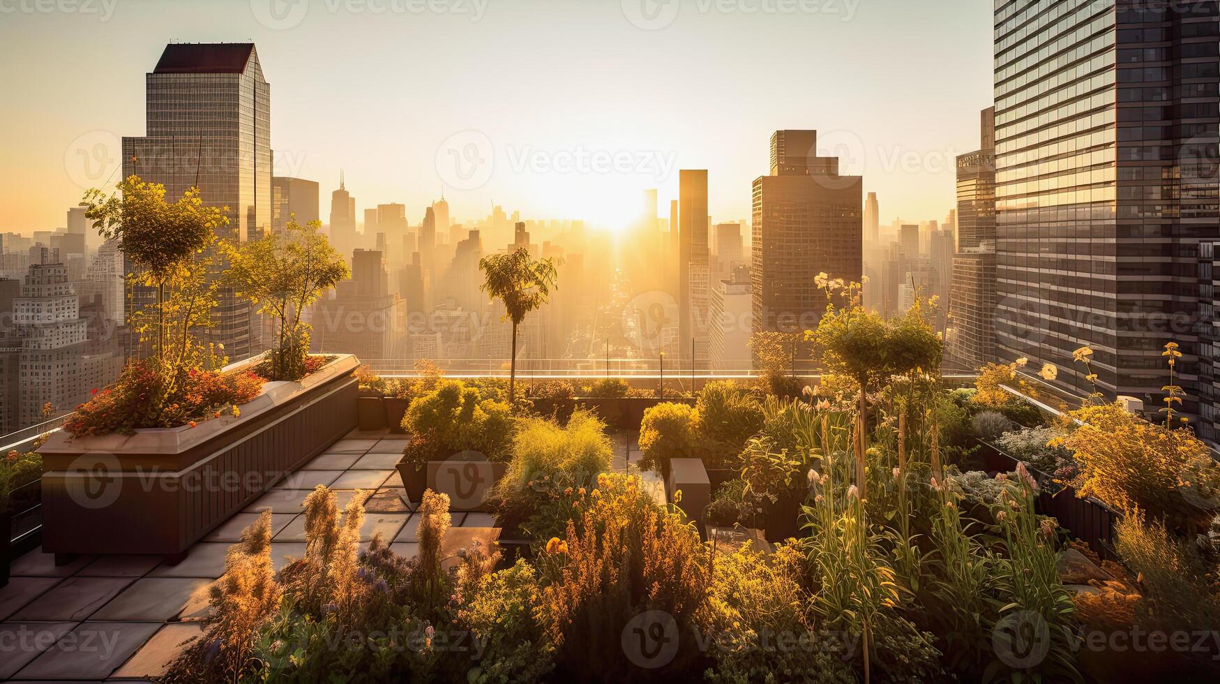 generatief ai illustratie van een op het dak tuin in een metropolis Bij zonsondergang foto