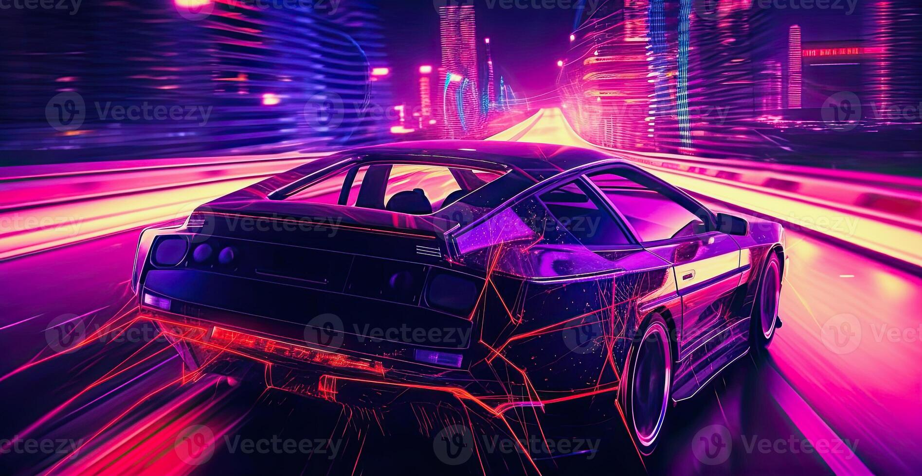 generatief ai illustratie van een neon gekleurde auto het rijden snel in een stad foto