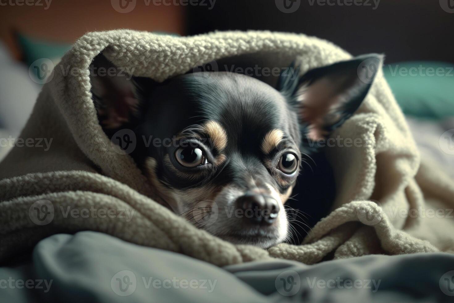 een jong chihuahua hond onder een deken. de huisdier is genieten onder de plaid. de concept van zorgzaam voor huisdieren. generatief ai. foto