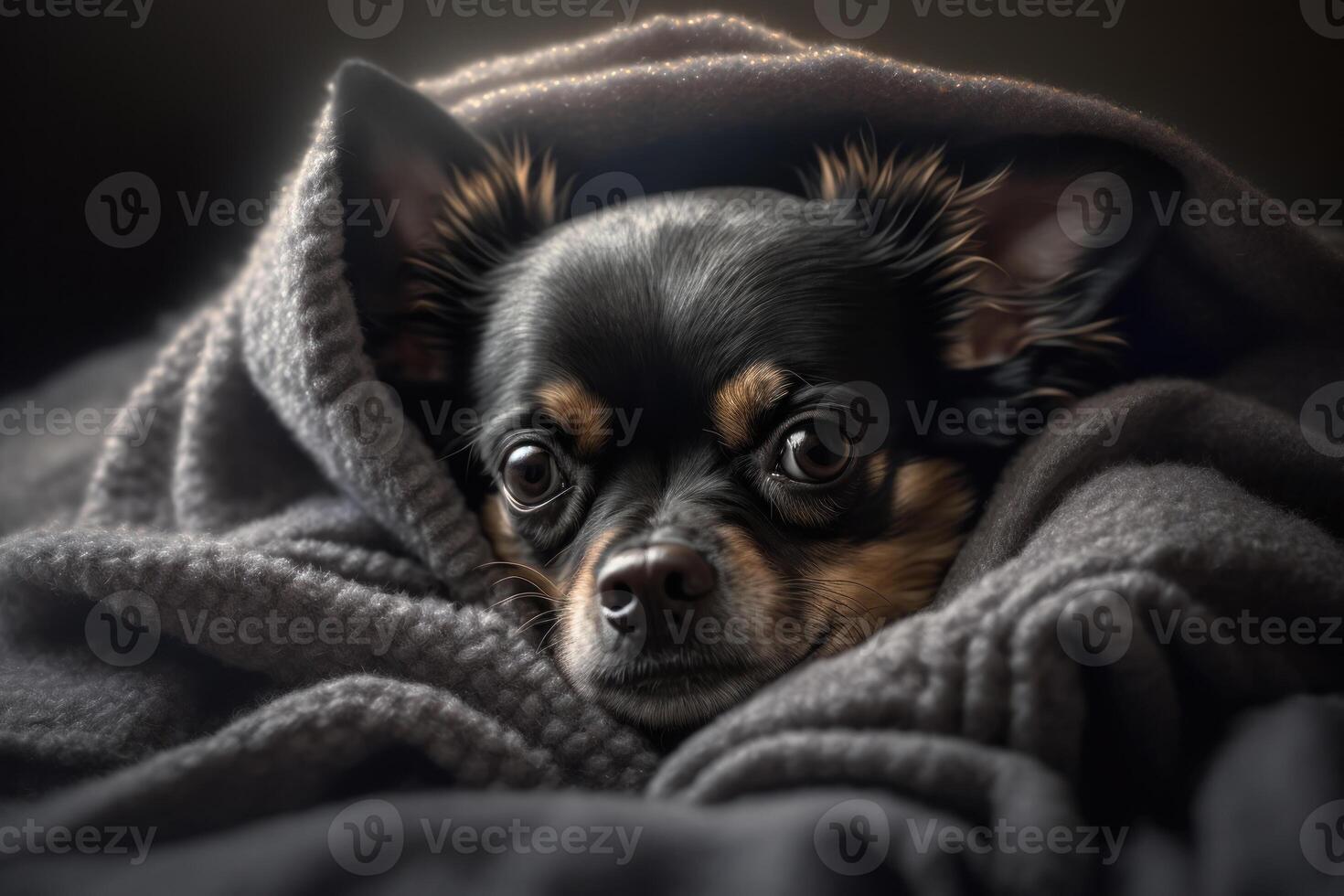 een jong chihuahua hond onder een deken. de huisdier is genieten onder de plaid. de concept van zorgzaam voor huisdieren. generatief ai. foto