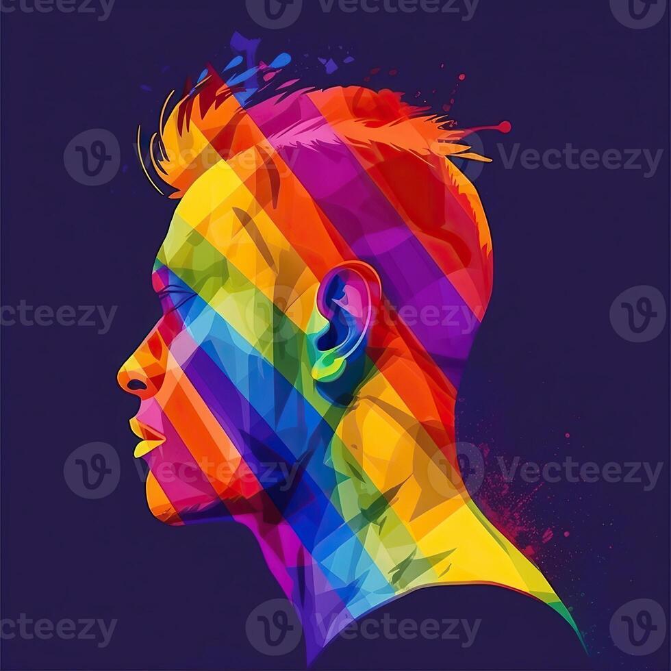 mans gezicht profiel met lgbt trots vlag. poster, banier van regenboog vlag van lgbt geïsoleerd Aan donker achtergrond. generatief ai. foto