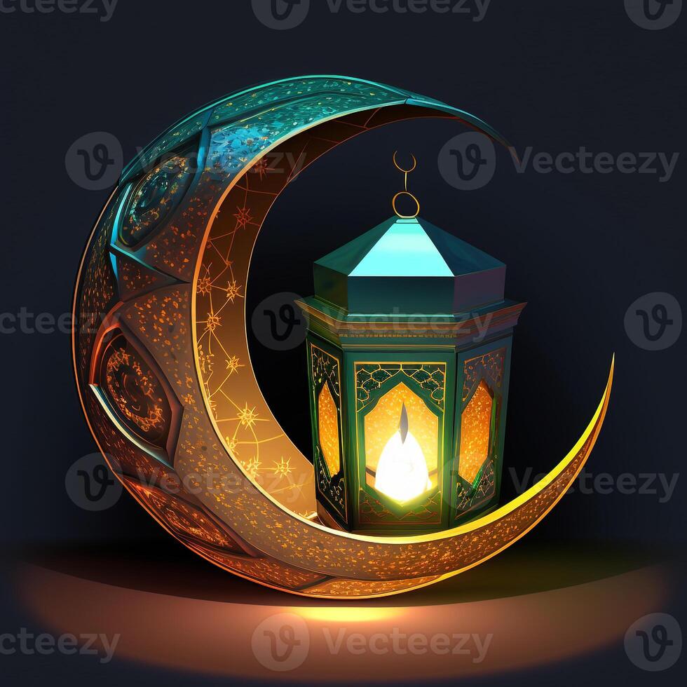 Islamitisch Ramadan vakantie banier met gloeiend lantaarn maan en moskee venster portaal generatief ai foto