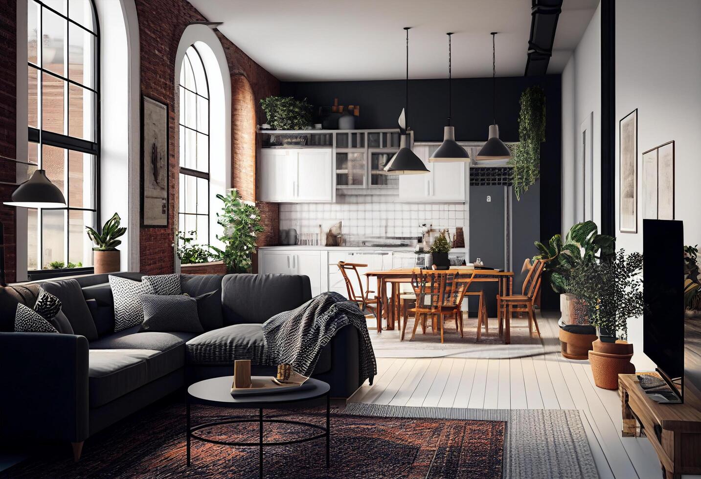 modern leven kamer interieur met bank, koffie tafel en planten. 3d renderen generatief ai foto