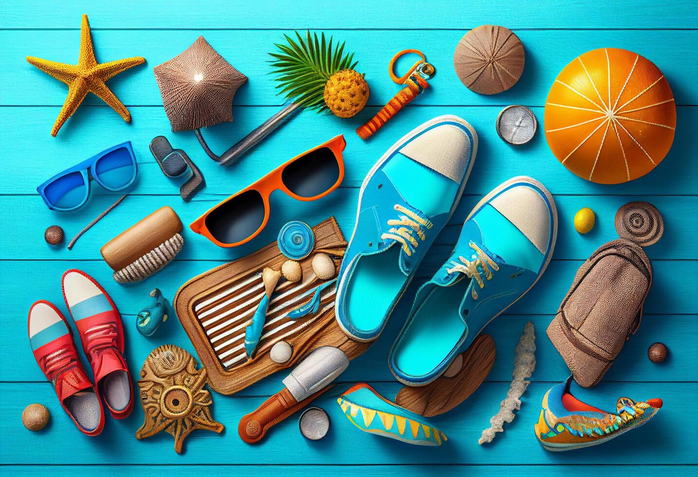 zomer vakantie items Aan blauw houten achtergrond. top visie met kopiëren ruimte generatief ai foto