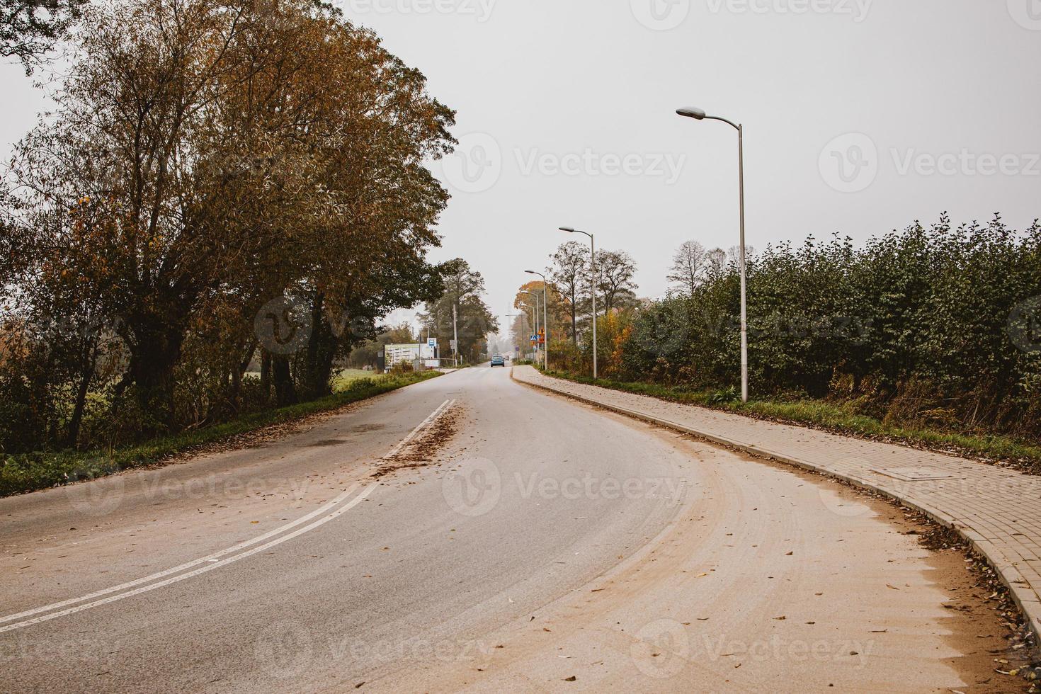 kalmte herfst landschap met weg en bomen Aan een grijs bewolkt dag in van Warschau wijk in Polen foto