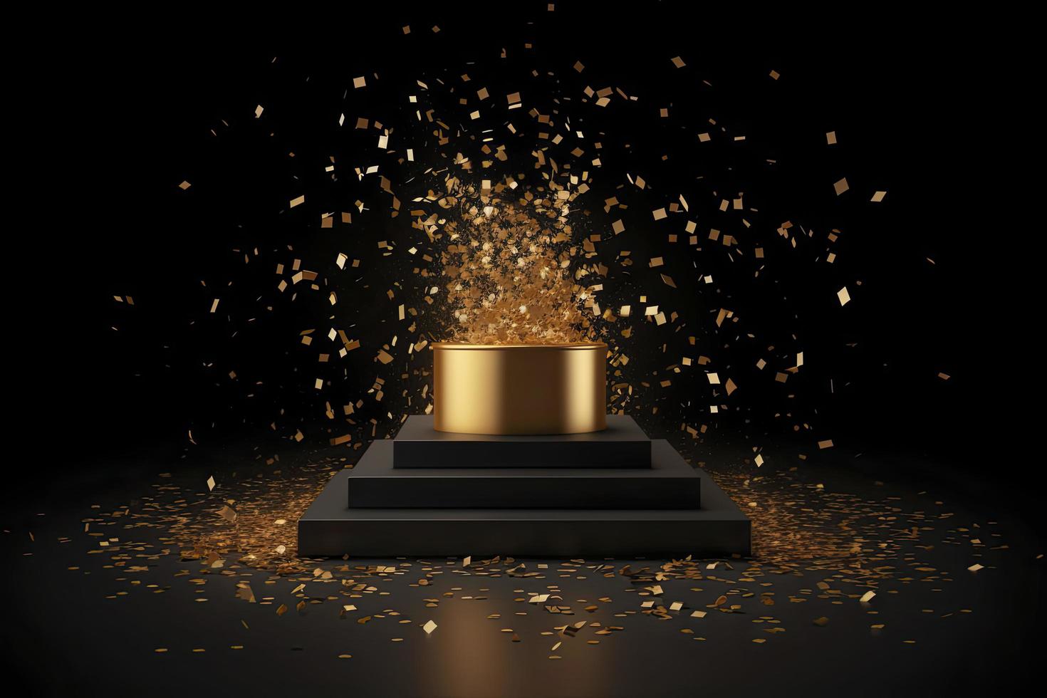 gouden podium met een spotlight Aan een donker achtergrond, vallend gouden confetti, eerste plaats, roem en populariteit foto