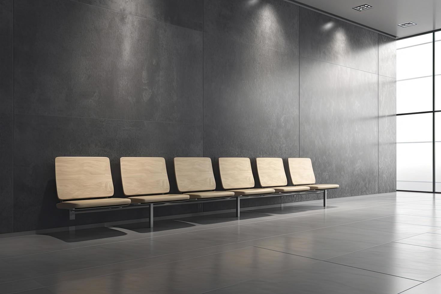 voorkant visie Aan blanco wit poster met ruimte voor uw logo of tekst Aan donker grijs steen muur in elegant leeg luchthaven aan het wachten Oppervlakte hal met elegant stoel rijen en houten verdieping foto
