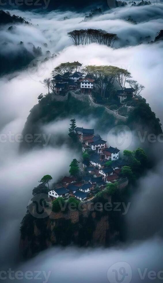 mooi dorp in voorjaar Jiangnan klif weinig dorp omringd door mist generatief ai foto