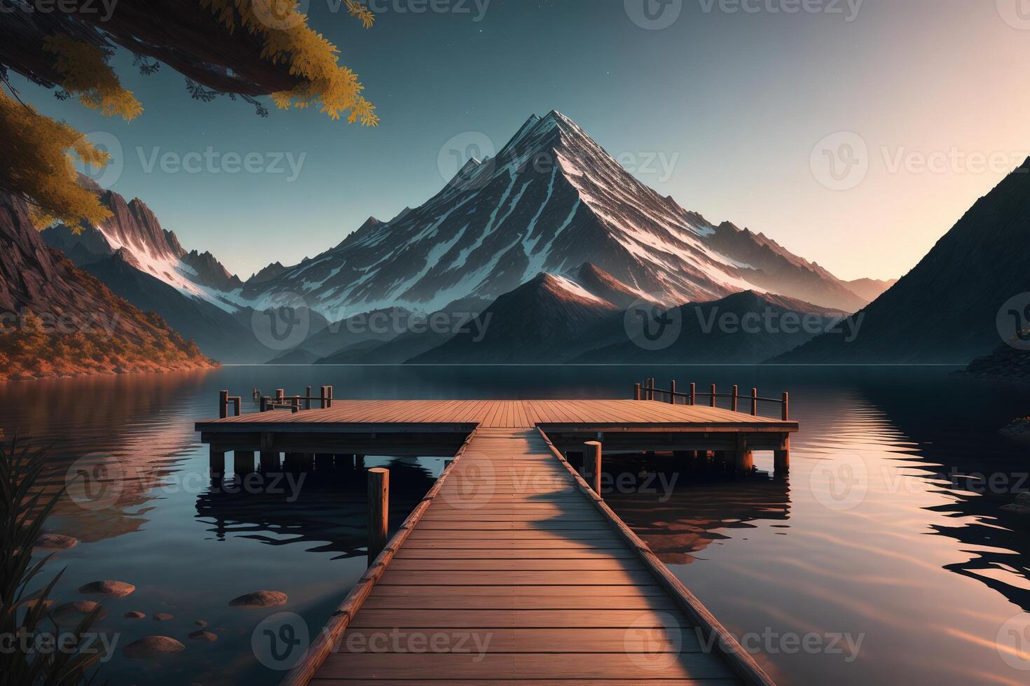 een houten dok met een berg in de achtergrond ai gegenereerd foto