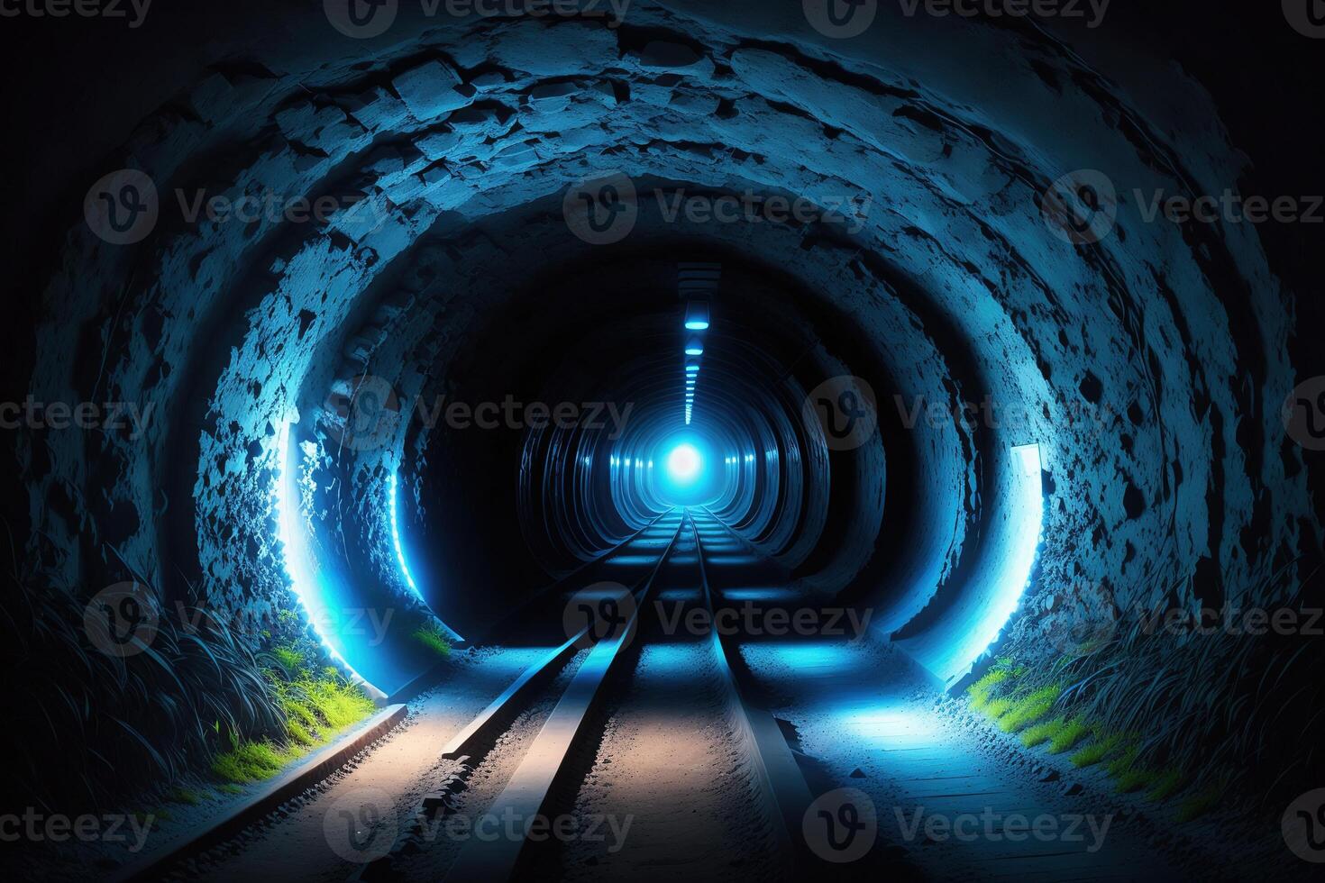 een donker tunnel met een blauw licht en een blauw licht ai gegenereerd foto