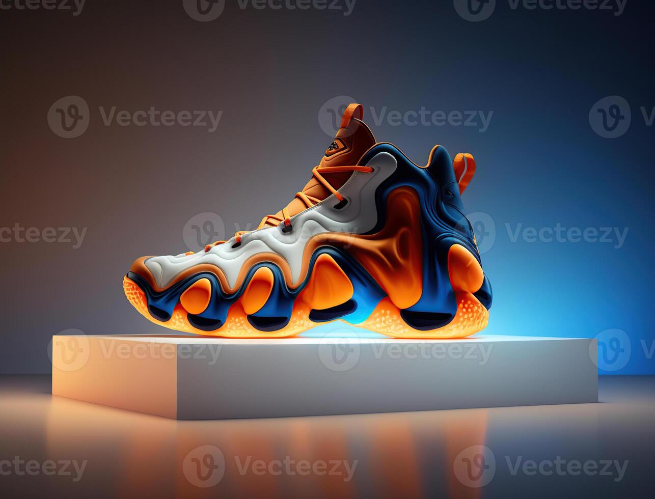 basketbal futuristische concept, oranje en blauw, vloeistof het formulier, commercieel foto, generatief ai foto