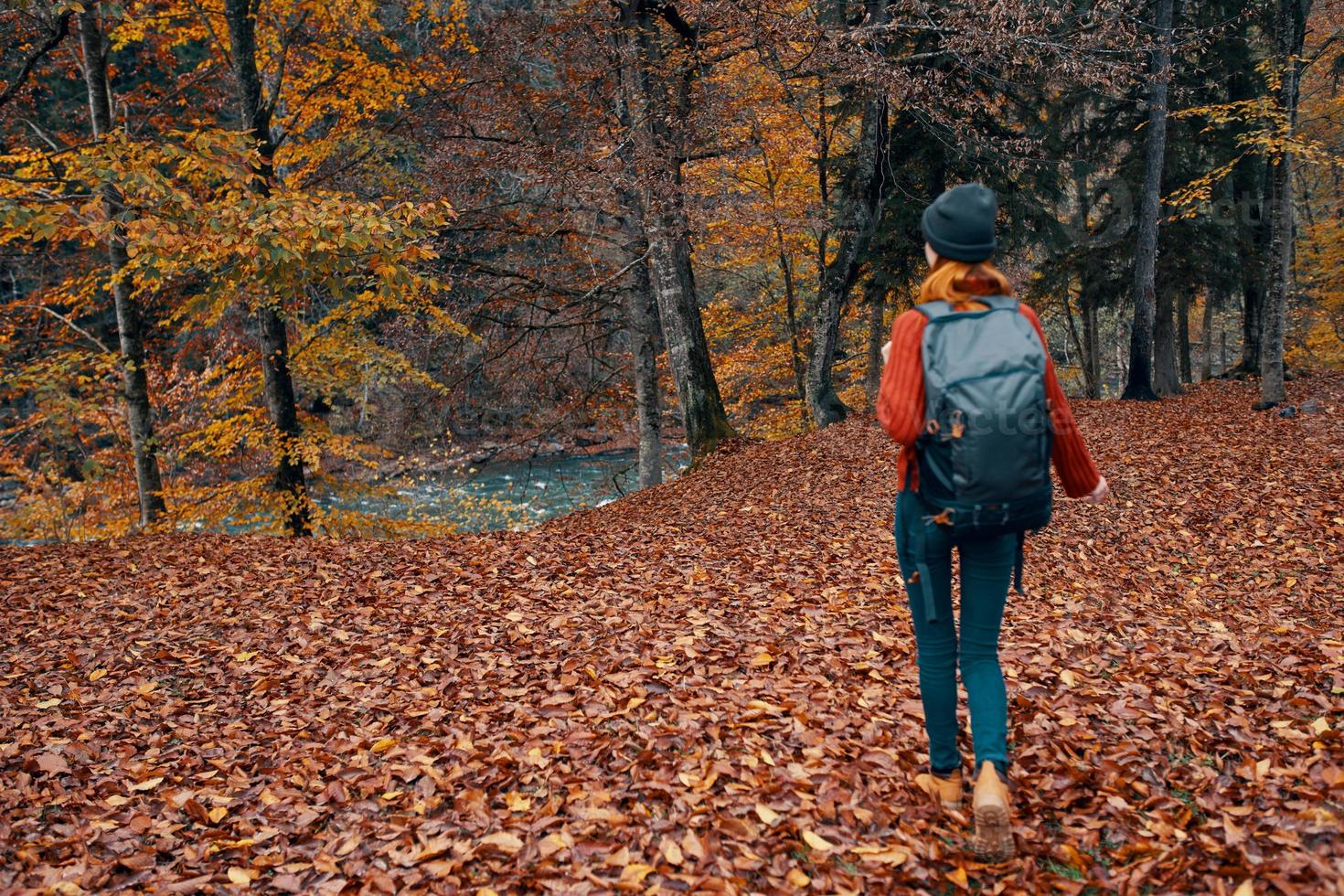 vrouw toerist met een rugzak wandelen in de park met gedaald bladeren in herfst in natuur foto