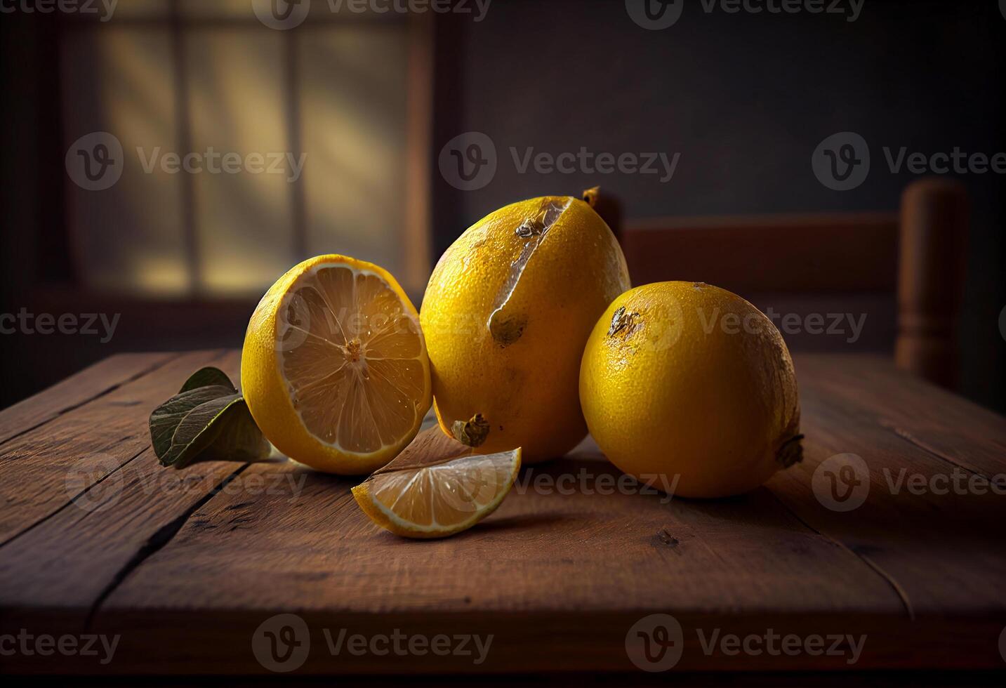 geel citroenen Aan een houten tafel. ai gegenereerd foto