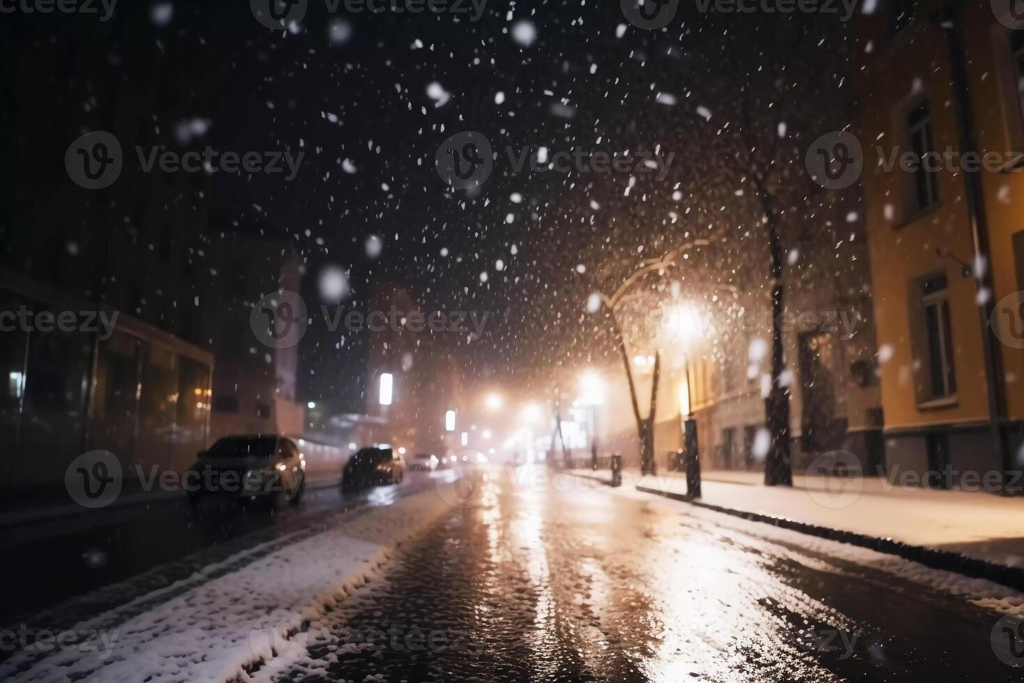 besneeuwd straat. slush en sneeuw in de stad. ai gegenereerd foto