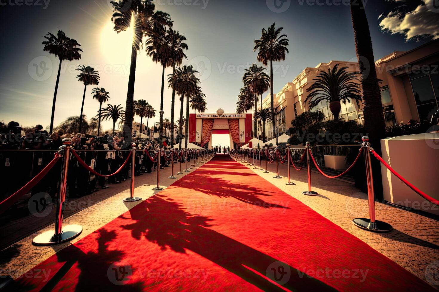 rood tapijt voor prijzen ceremonie. luxe Ingang voor vip sterren. gemaakt met generatief ai foto