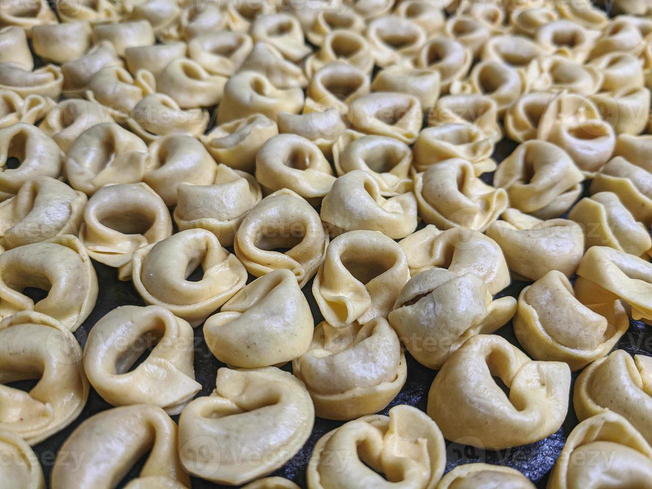 een dichtbij omhoog top visie schot van rauw tortellini met wit champignons structuur voedsel fotografie foto