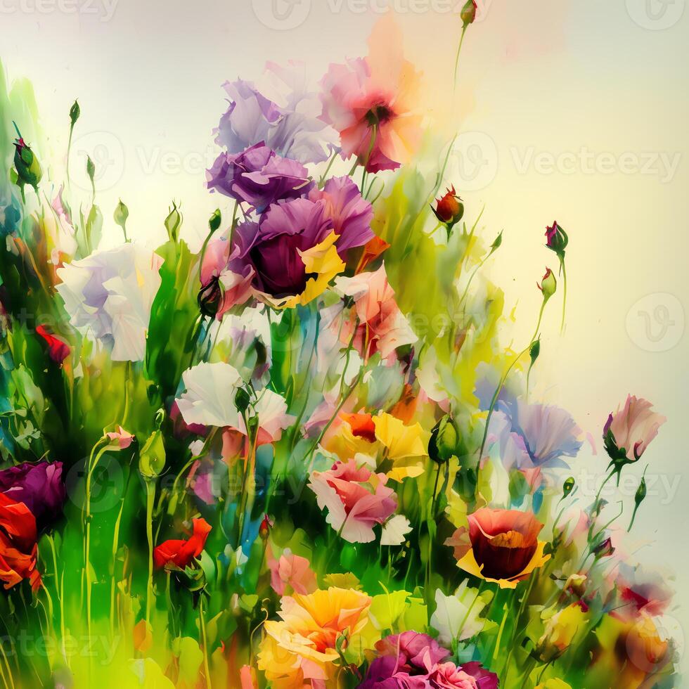 een boeket van kleurrijk bloeit, een briljant bloemenlandschap, een feestelijk bloemen weergeven, bloemen olie schilderij Aan canvas , nog steeds leven bloemen schilderen, ontworpen met kunstmatig intelligentie, generatief ai foto