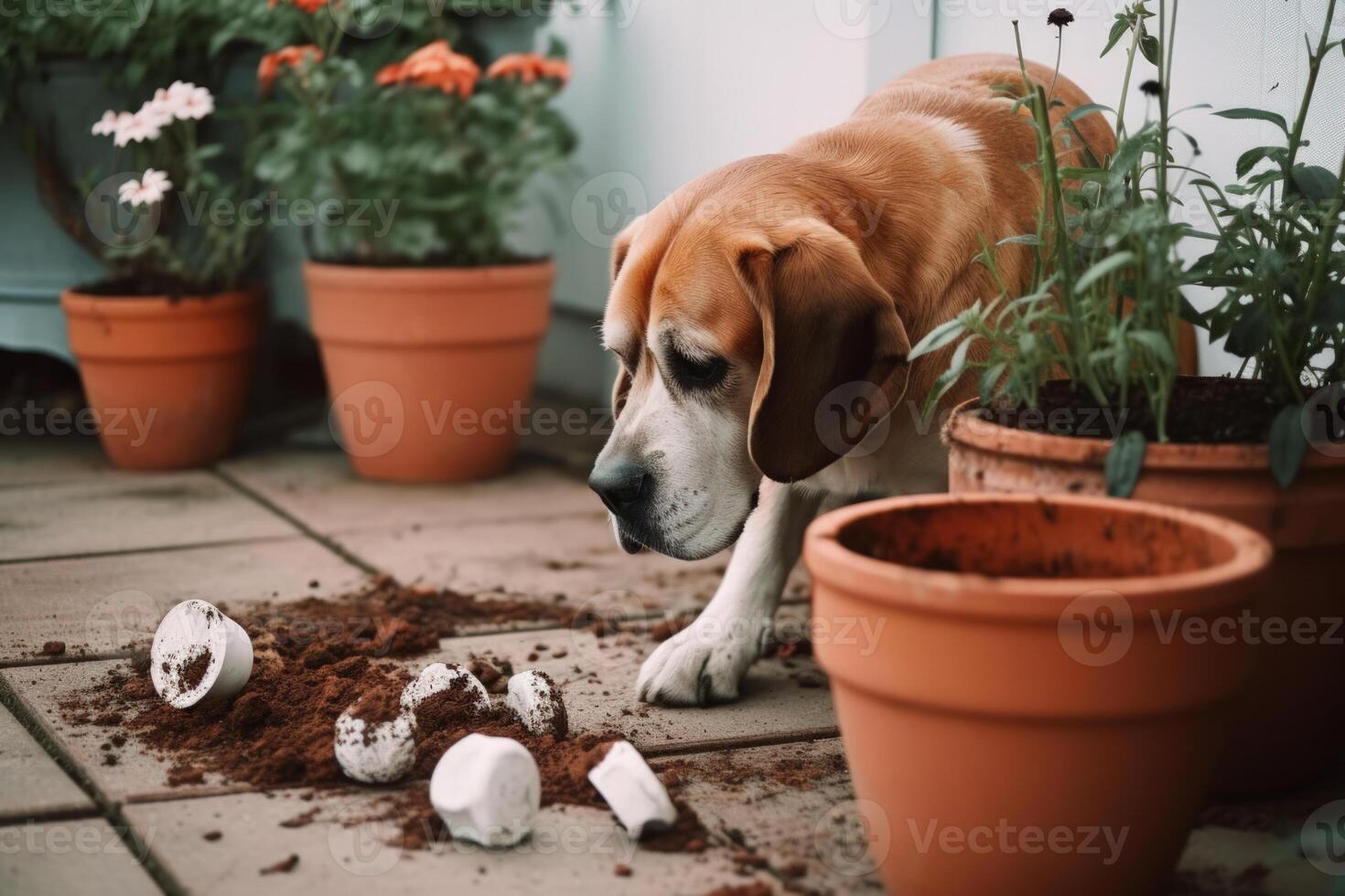 schadelijk hond huisdier gebroken bloem potten generatief ai foto