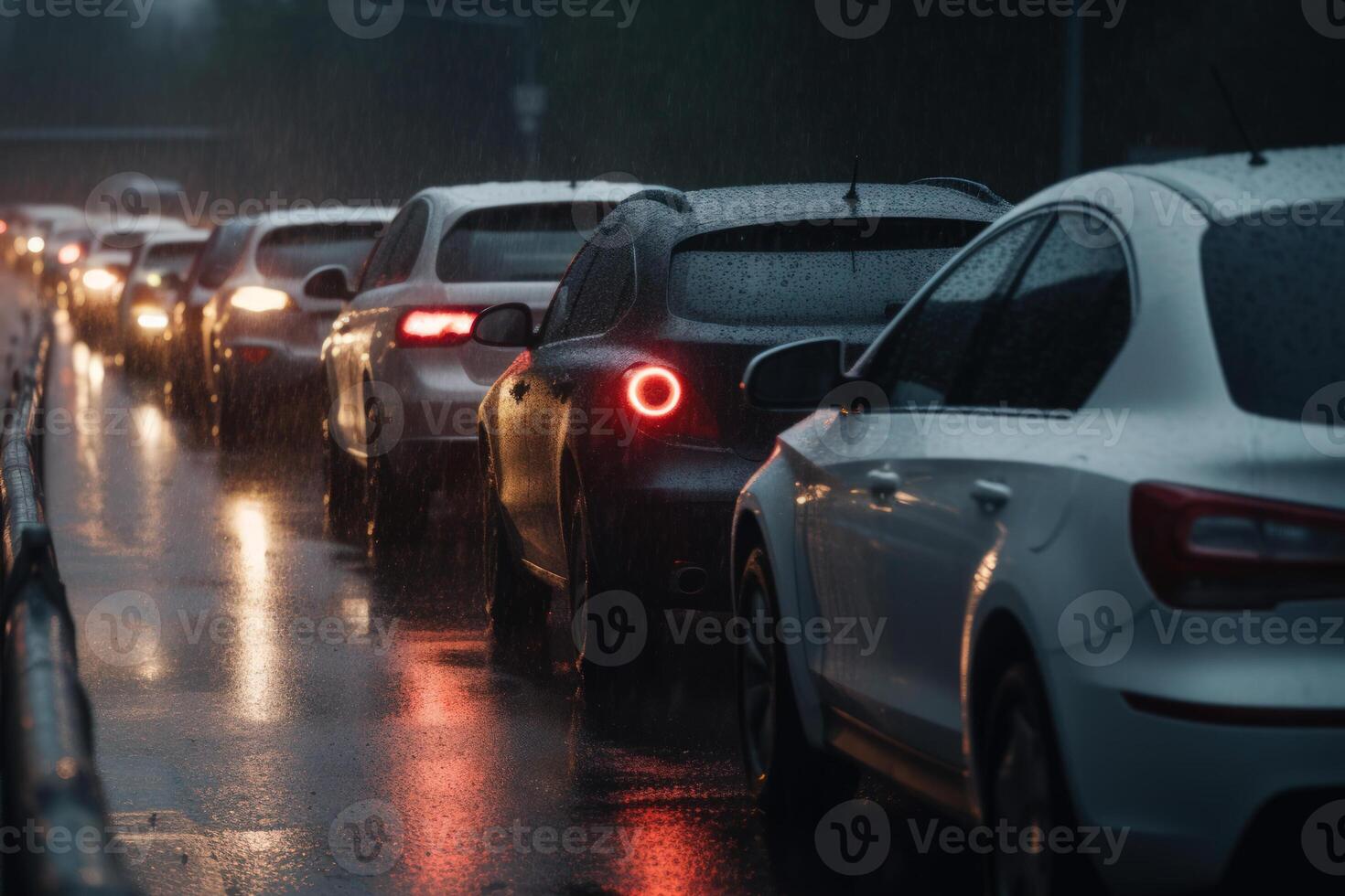 auto verkeer jam Aan de weg regen slecht weer generatief ai foto