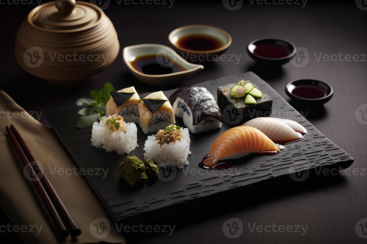 sushi reeks bord. ai gegenereerd foto