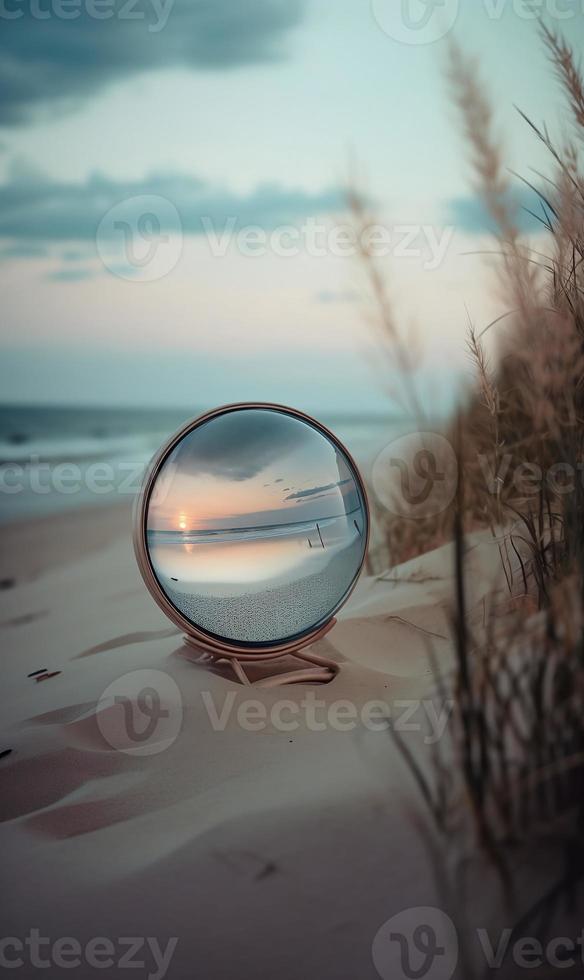 een spiegel Aan de strand met de zon instelling achter het foto