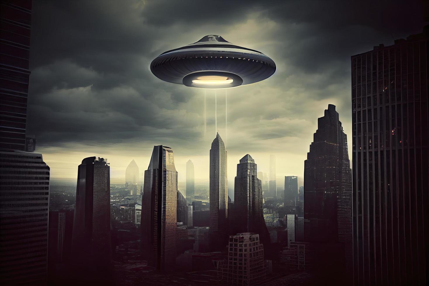 onheilspellend ufo bovenstaand de stad foto