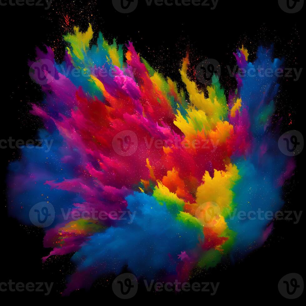 veelkleurig verf explosie, verf verstrooiing explosie van kleurrijk wolken, stof wolk exploderend Aan zwart achtergrond, ontworpen met kunstmatig intelligentie, generatief ai foto