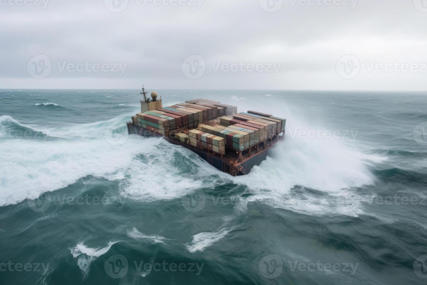 vernield lading schip met containers in stormachtig zee met groot golven. generatief ai foto