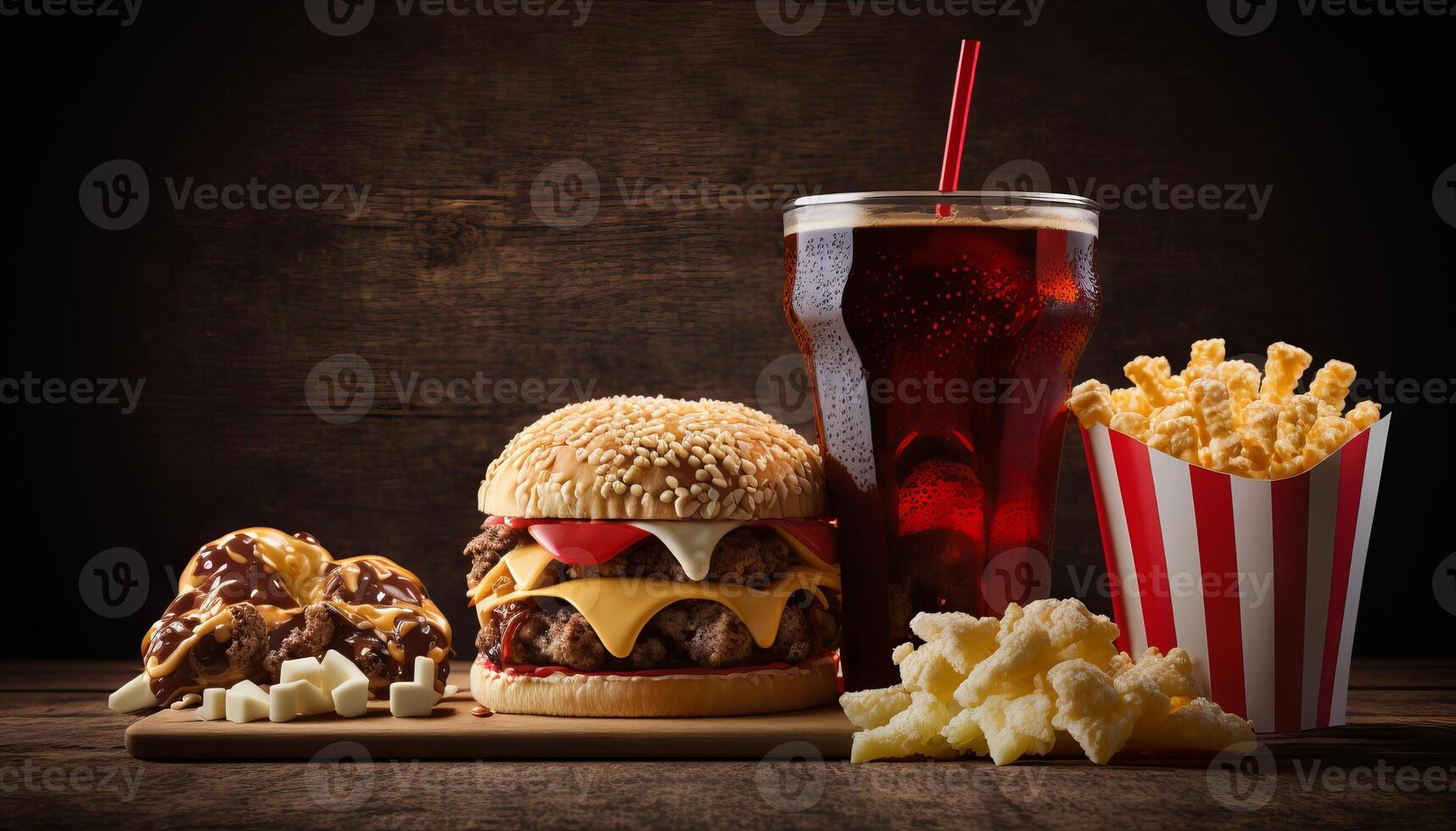 snel voedsel en ongezond aan het eten concept - dichtbij omhoog van snel voedsel snacks en cola drinken Aan houten tafel. generatief ai foto