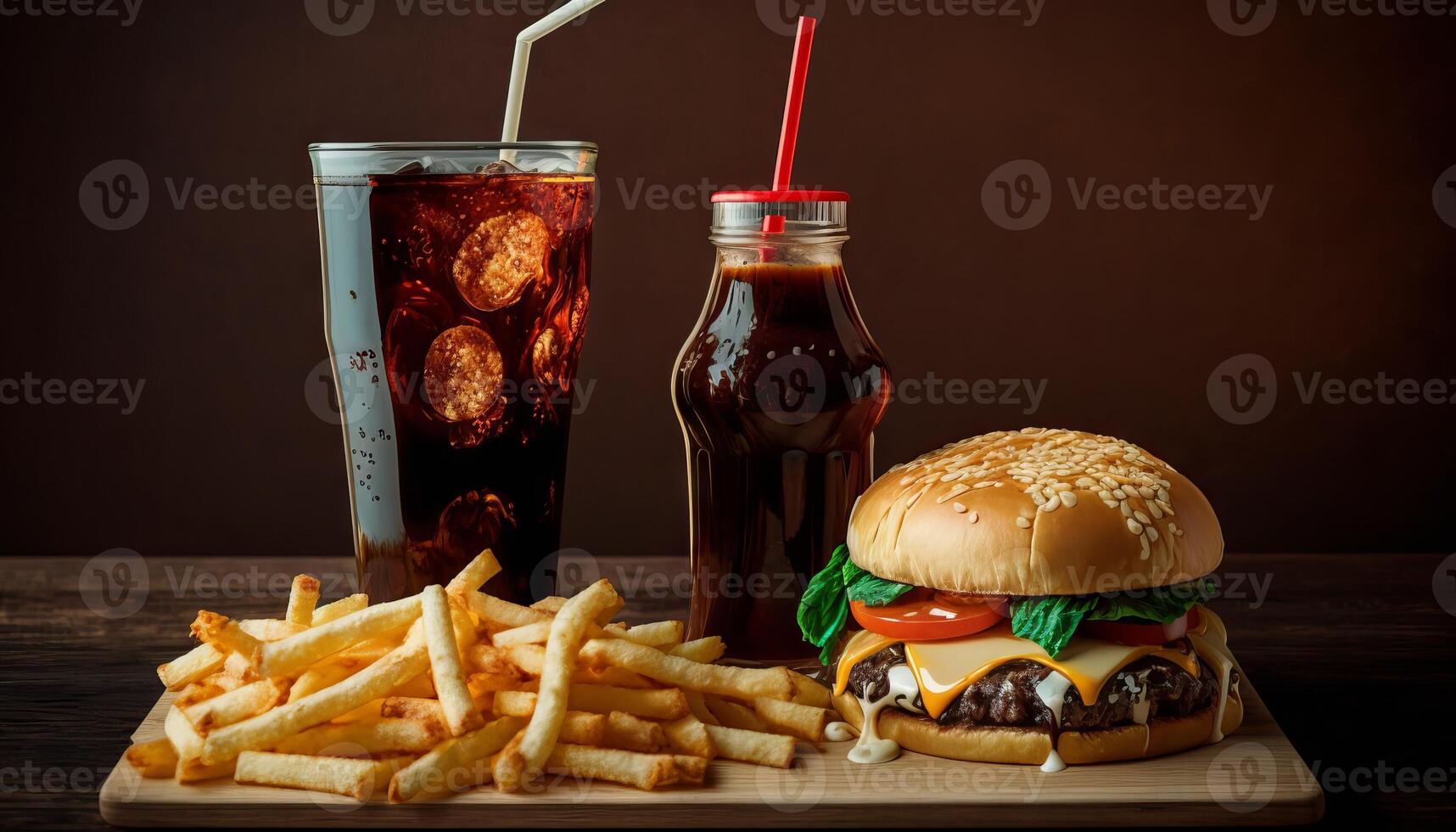 snel voedsel en ongezond aan het eten concept - dichtbij omhoog van snel voedsel snacks en cola drinken Aan houten tafel. generatief ai foto