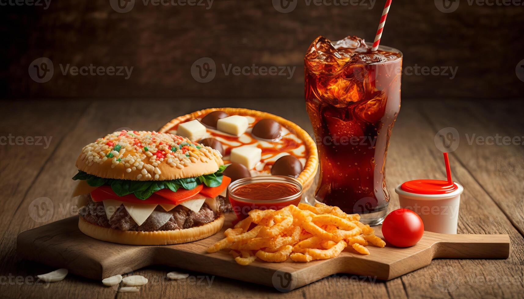 snel voedsel en ongezond aan het eten concept - dichtbij omhoog van snel voedsel snacks en cola drinken Aan houten tafel. generatief ai foto