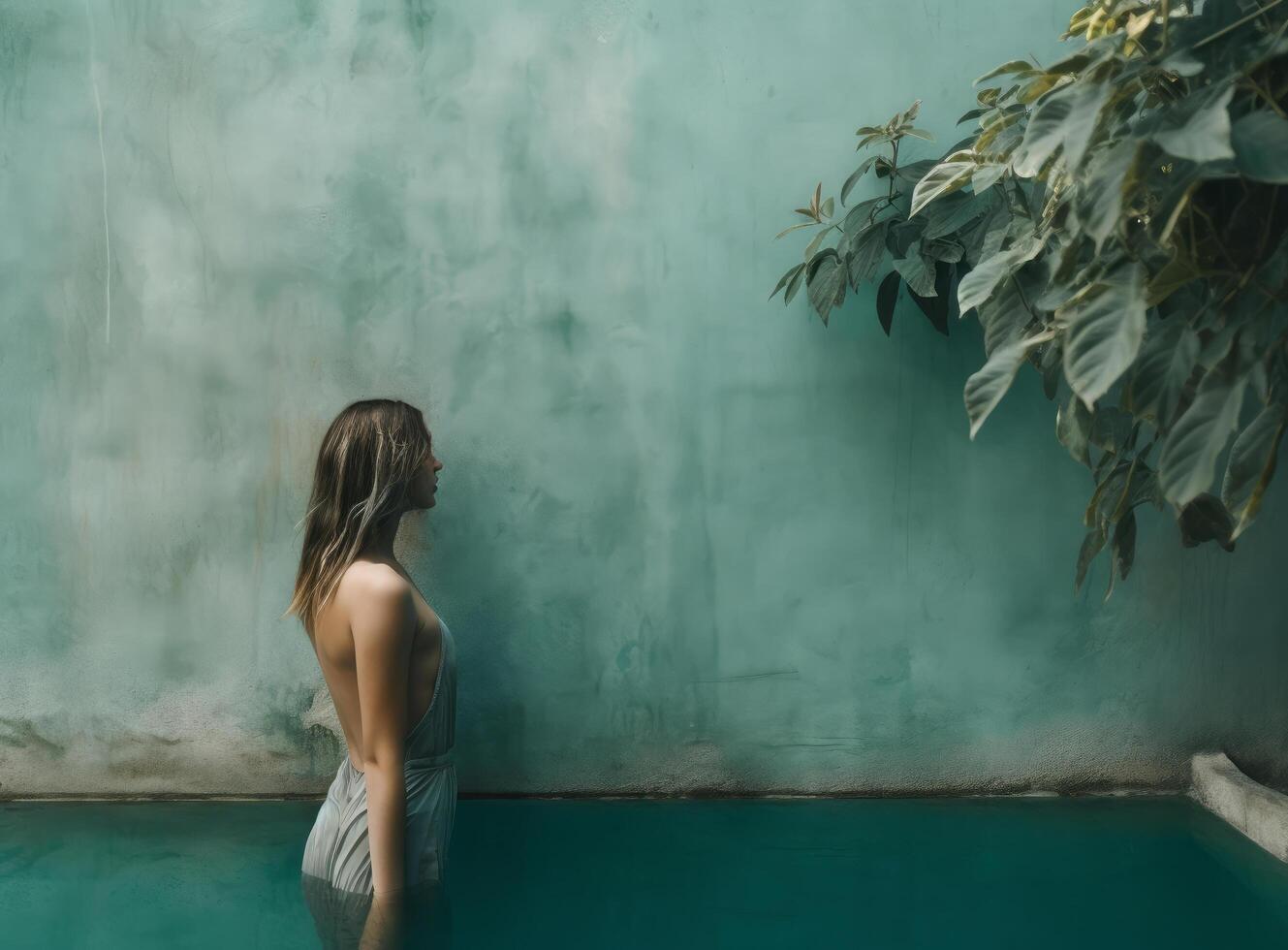 vrouw in blauw zwembad. illustratie ai generatief foto