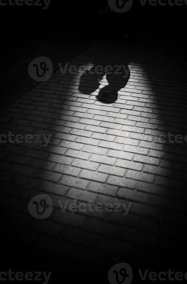 silhouet schaduwen van een verliefd paar tijdens een wandeling in de stad op een zonnige dag. man en vrouw hand in hand en kijken naar elkaar, stad buitenshuis, zwart-wit foto