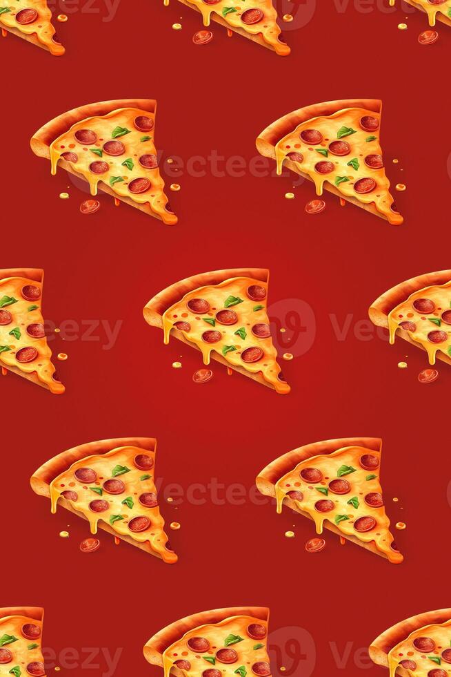 3d ontwerp pizza plak naadloos patroon over- rood achtergrond. generatief ai. foto