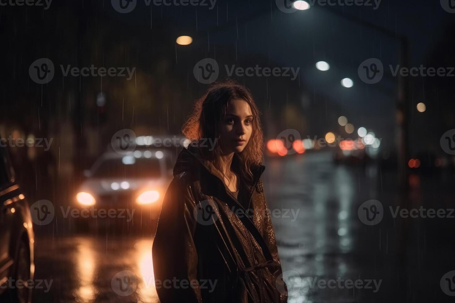 een eenzaam vrouw loopt in de omgeving van Bij nacht in een modern stad terwijl het is regenen gemaakt met generatief ai technologie. foto