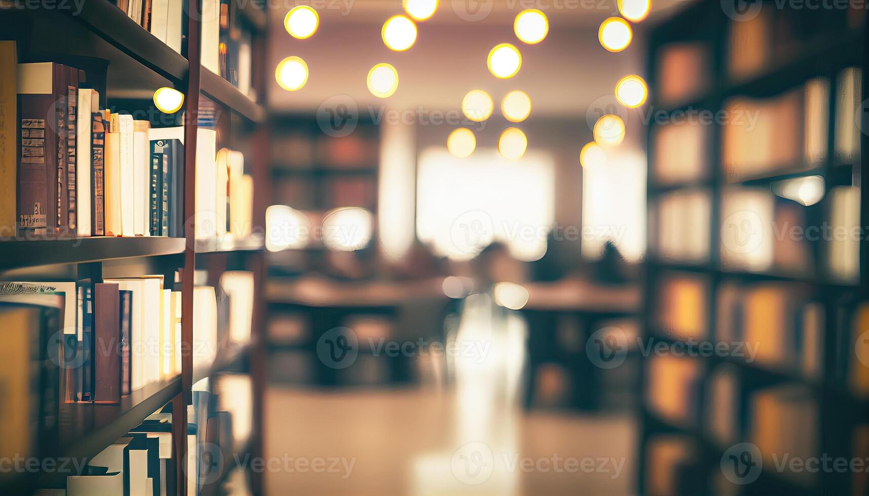 abstract wazig openbaar bibliotheek interieur ruimte. wazig kamer met boekenkasten door onscherp effect. gebruik voor achtergrond of backdrop in bedrijf of onderwijs concepten. generatief ai foto