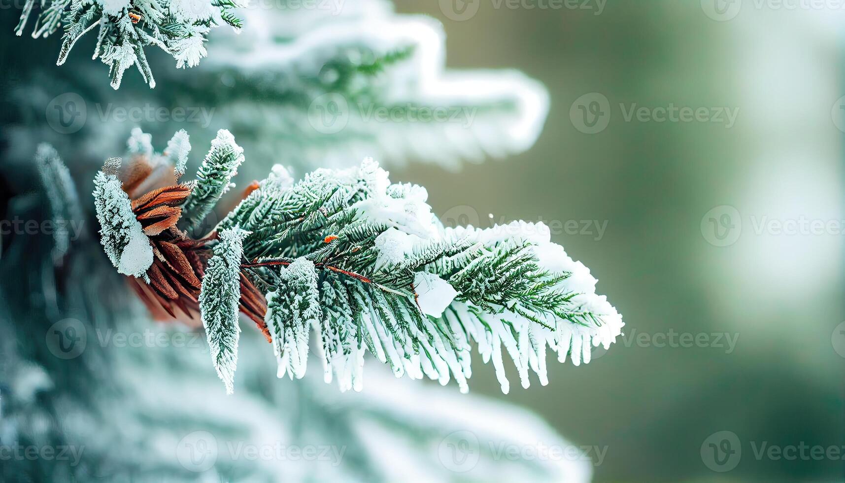 Spar Afdeling met pijnboom ijshoorntje en sneeuw vlokken - Kerstmis vakantie achtergrond. ijzig Kerstmis boom buitenshuis. winter achtergrond, detailopname van berijpt pijnboom Afdeling Aan sneeuwen met kopiëren ruimte. generatief ai. foto