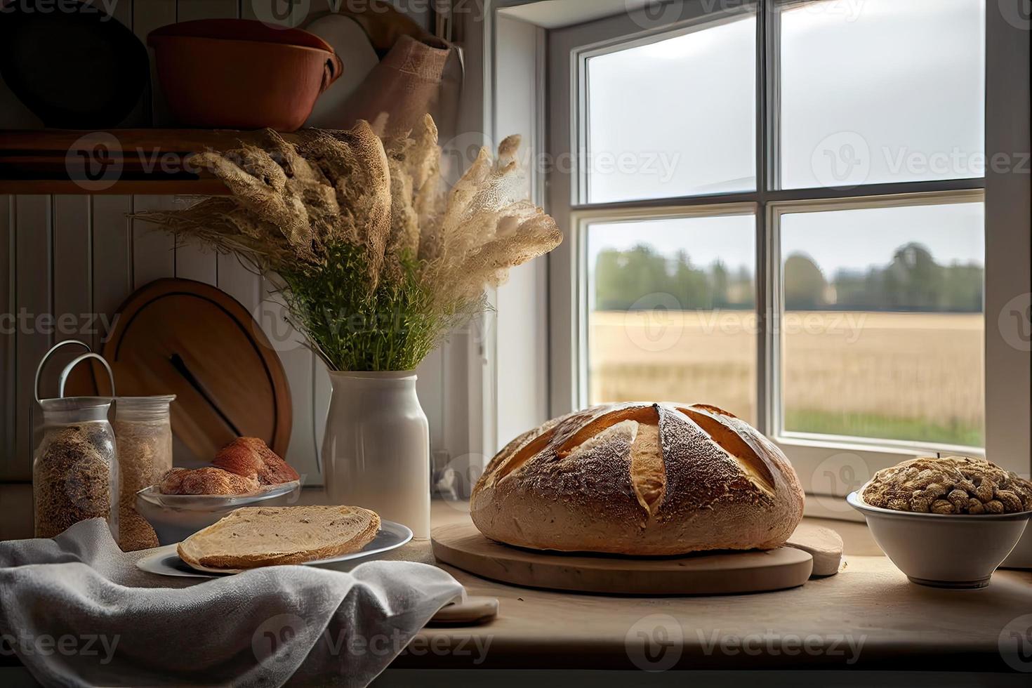 vers brood Aan de keuken tafel in voorkant van een venster met een platteland panorama, gezond aan het eten en traditioneel bakkerij concept. generatief ai foto