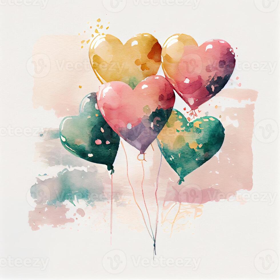 illustratie ballon geschilderd in waterverf. waterverf lucht ballonnen. hart ballon gekleurde icoon. illustratie van bundel van hart ballon. generatief ai foto