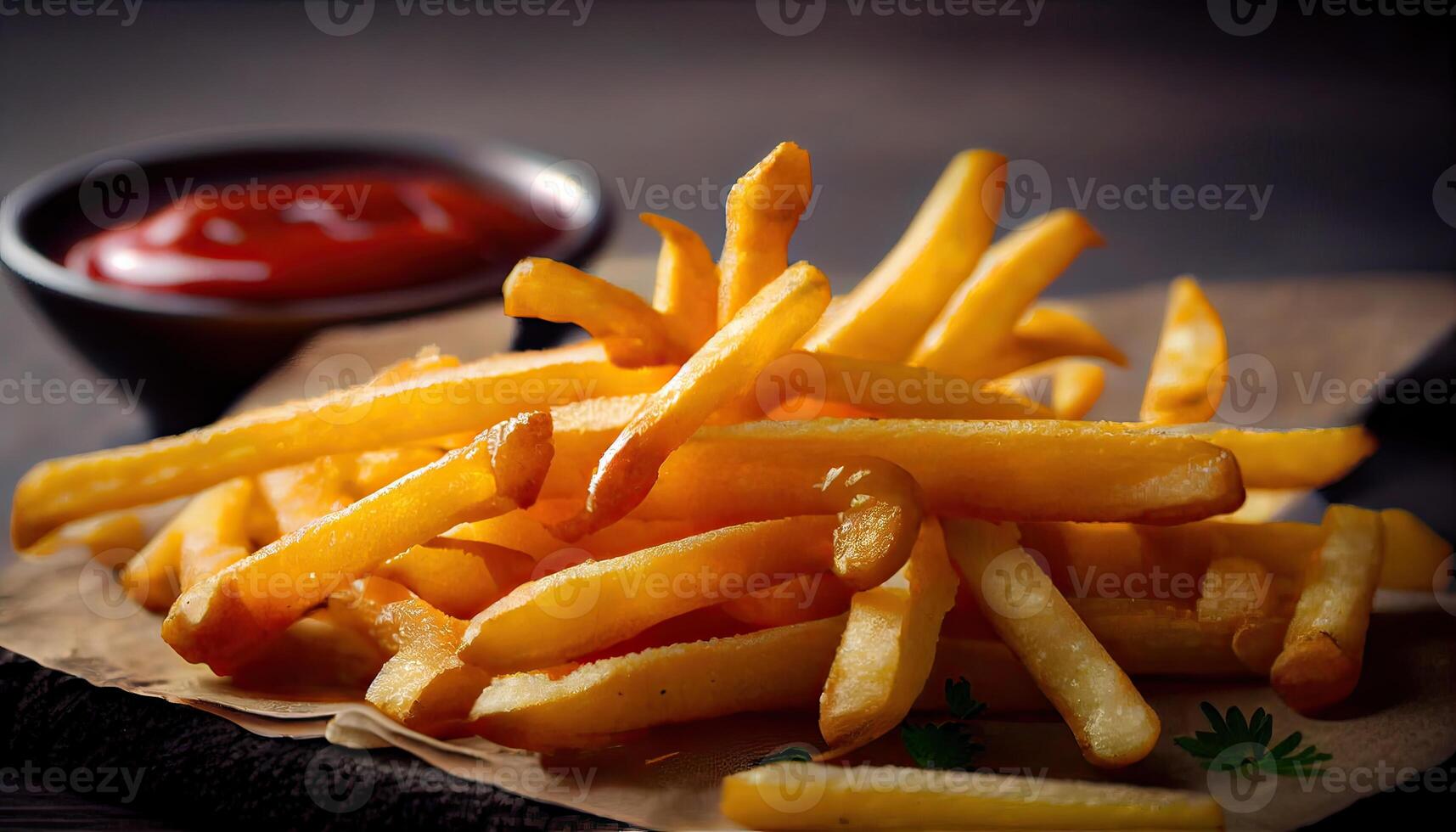 Frans Patat of aardappel chips met verzuren room en ketchup. smakelijk Frans Patat Aan snijdend bord, Aan houten tafel achtergrond. generatief ai foto