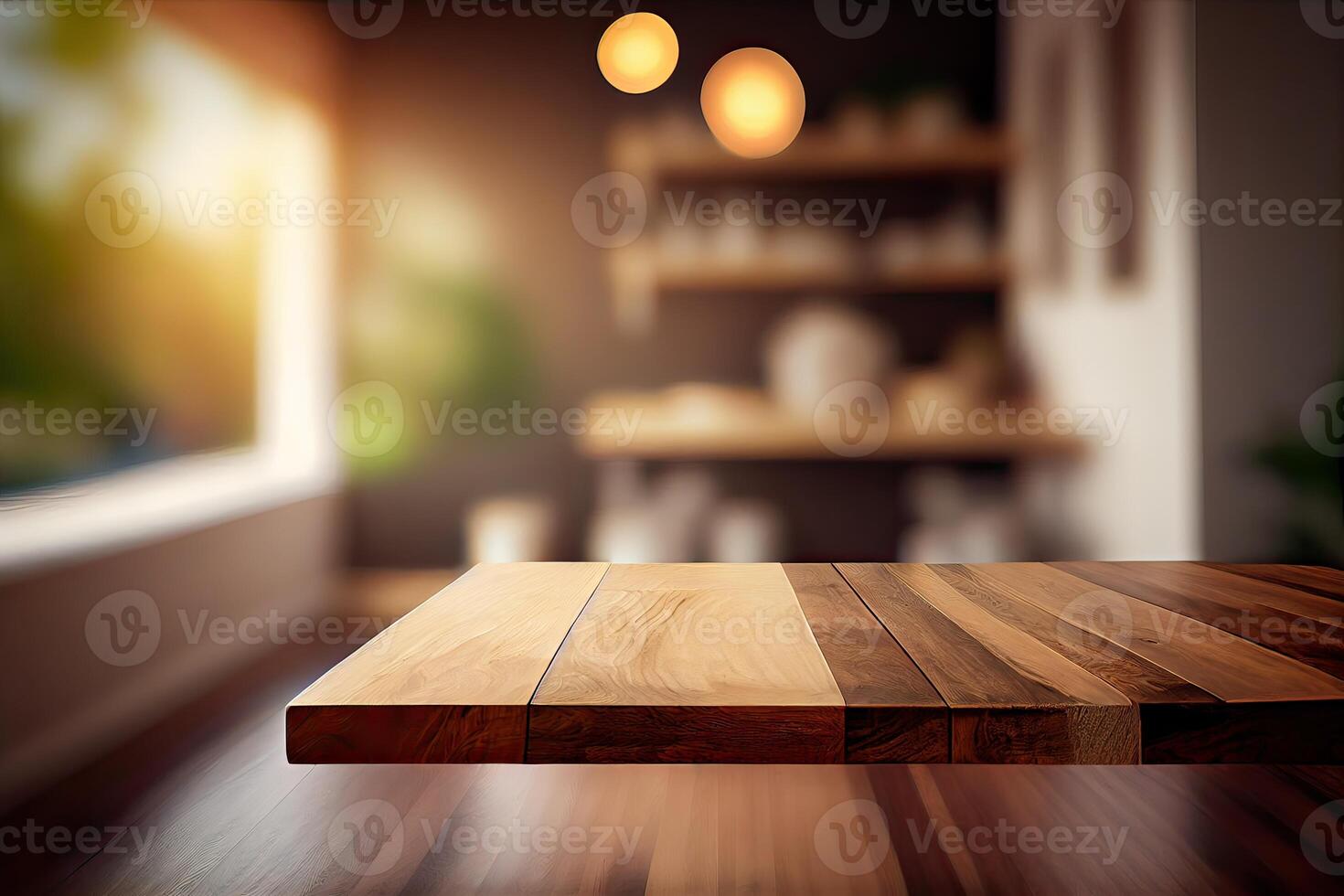 leeg van hout tafel top Aan vervagen van gordijn venster en abstract groen van tuin met zonlicht .voor montage Product Scherm of ontwerp sleutel zichtbaar indeling. generatief ai foto
