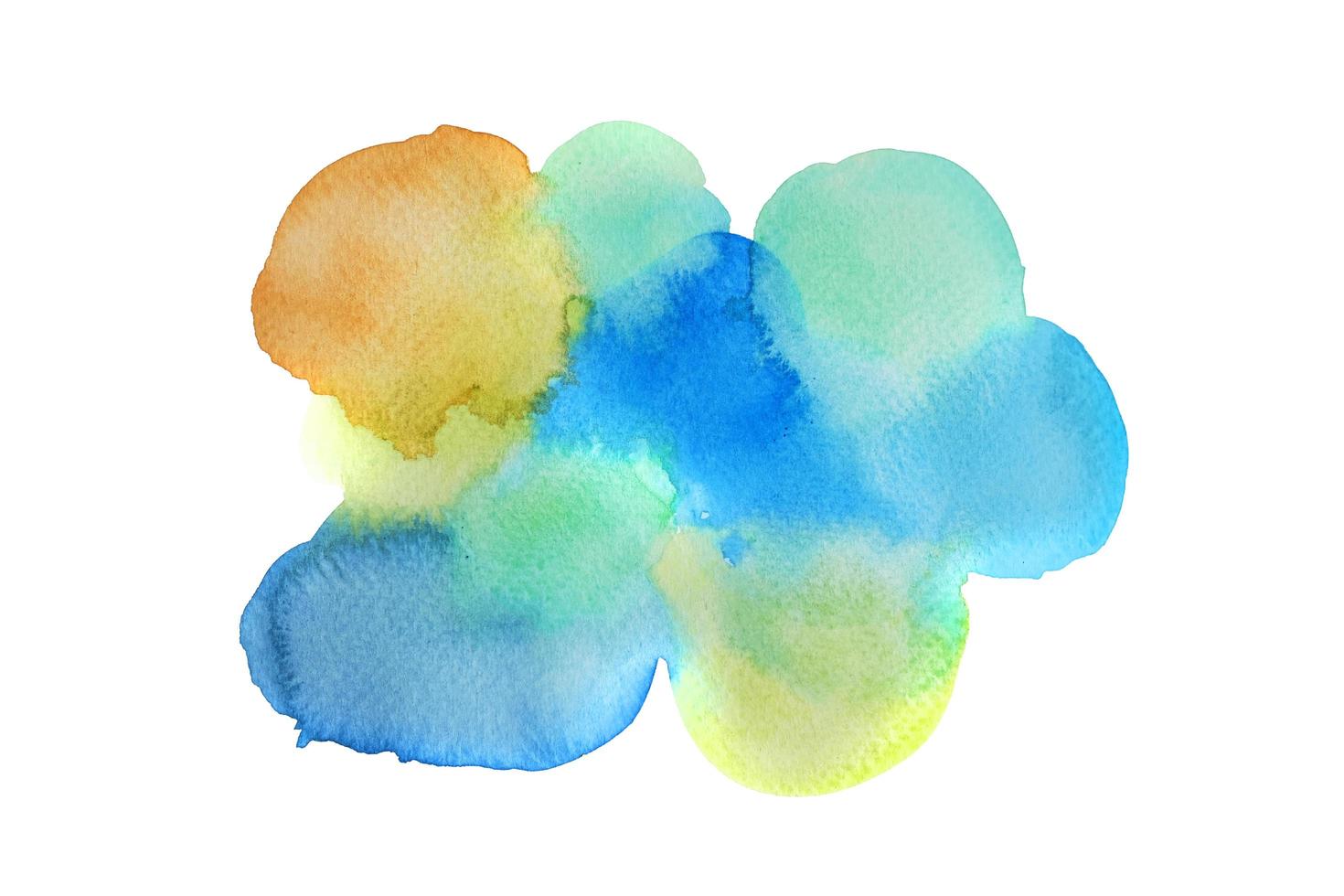 groente, blauw, oranje en geel waterverf hand- schilderij en plons abstract structuur Aan wit papier achtergrond foto