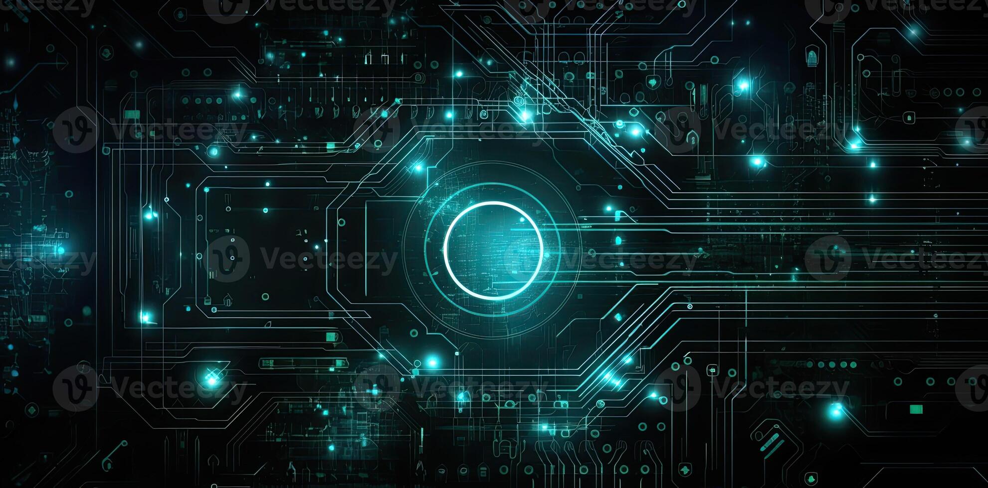 modern technologie cirkel achtergrond of abstract afbeelding, in de stijl van rtx Aan, blauwdruk, circuits, lens gloed, licht marine en hemelsblauw, illustratie generatief ai foto