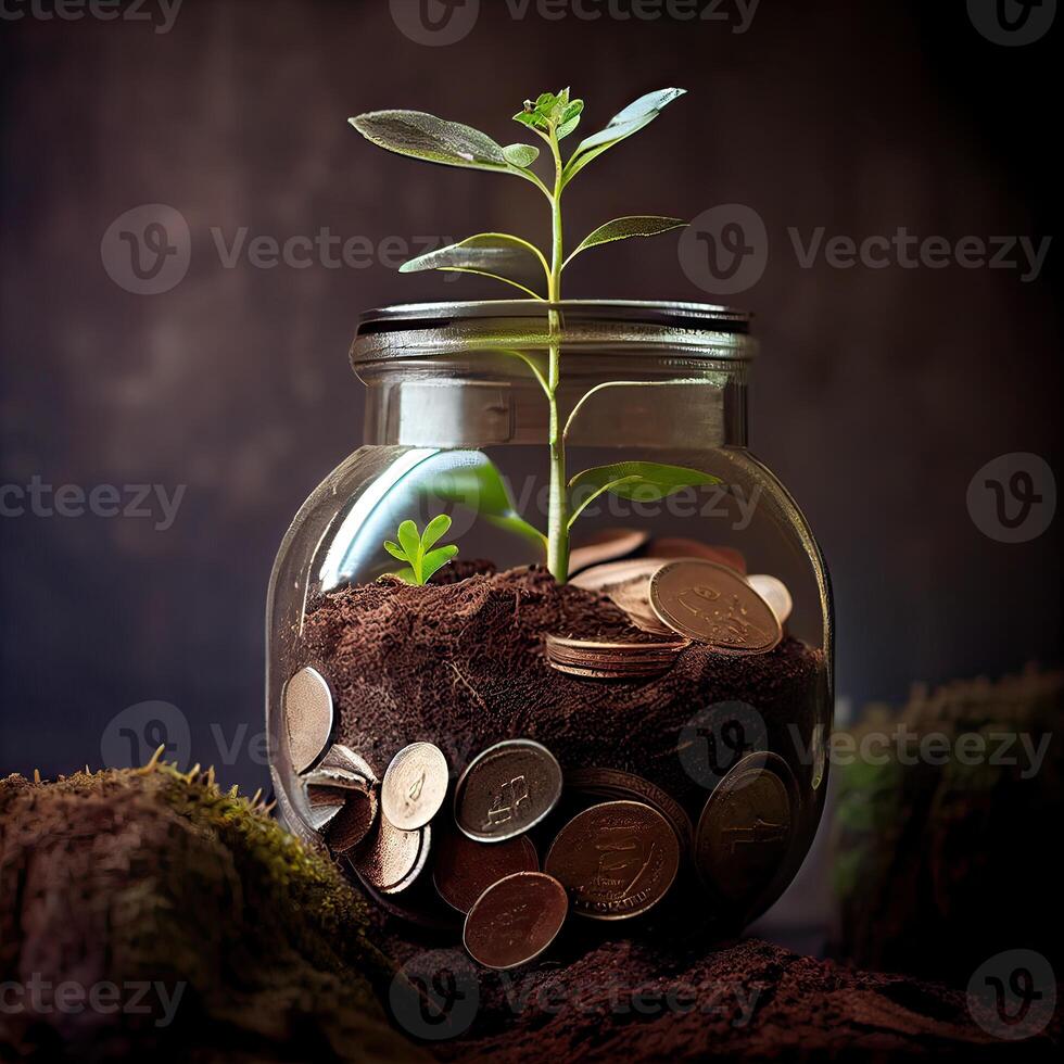 geld voor bedrijf investering financiën en bank concept. groen fabriek bladeren groei omhoog Aan rij van besparing munt stack Aan hout tafel. generatief ai foto