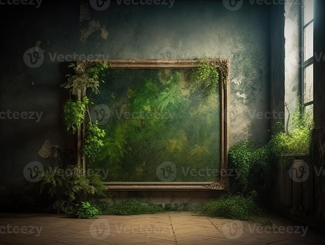 een groen muur met bloemen en planten achter een blanco kader, in de stijl van poster, interieur scènes, fotobashing, milieuvriendelijk geïnspireerd, hinchel of, industrieel geïnspireerd, illustratie generatief ai foto