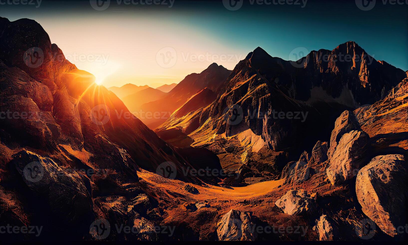 berg vallei en rivier- gedurende zonsopkomst. natuurlijk zomer landschap. berg rivier- stroom Aan zomer landschap. generatief ai foto