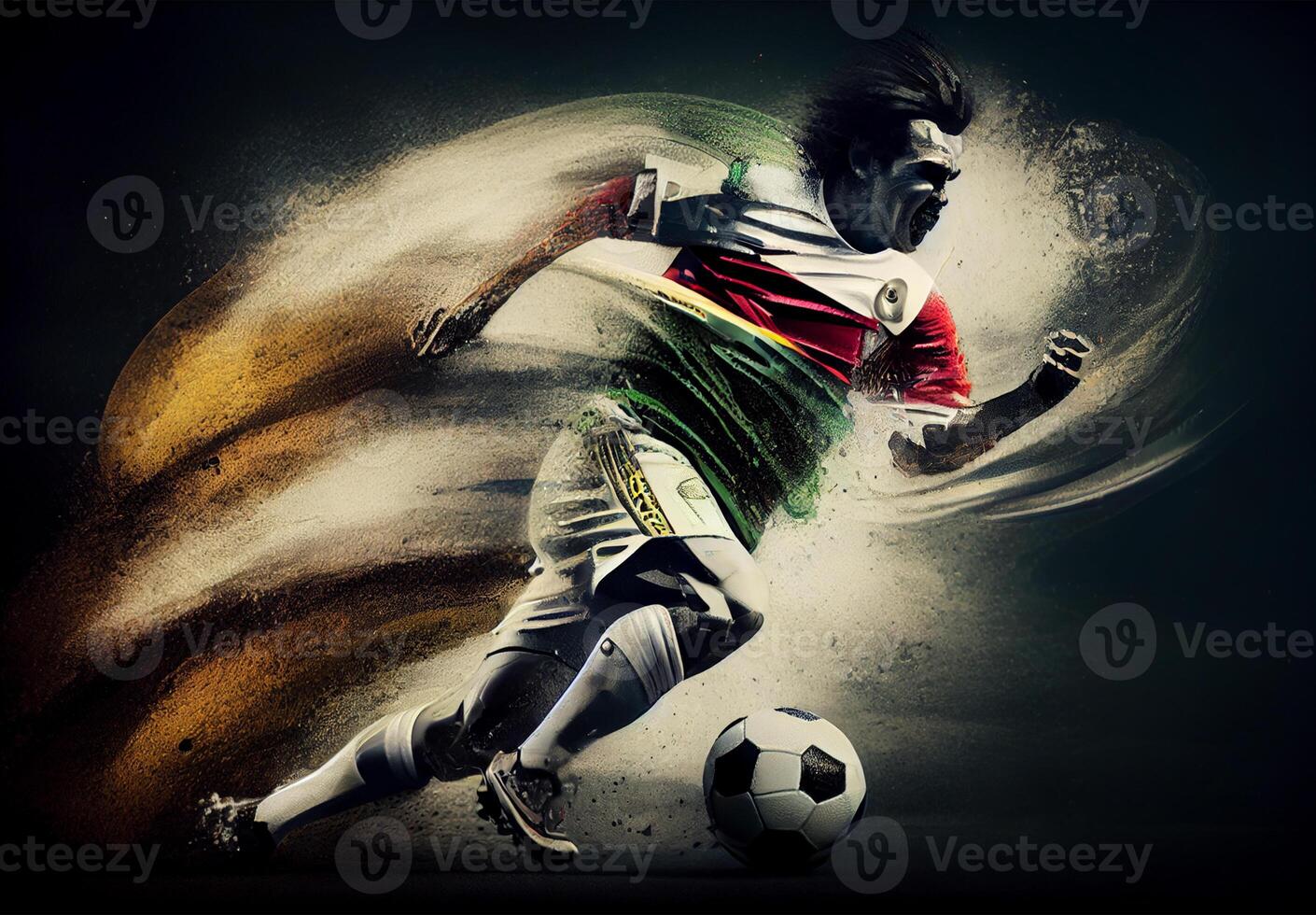 abstract sport- poster voetbal speler raken de bal - ai gegenereerd beeld foto
