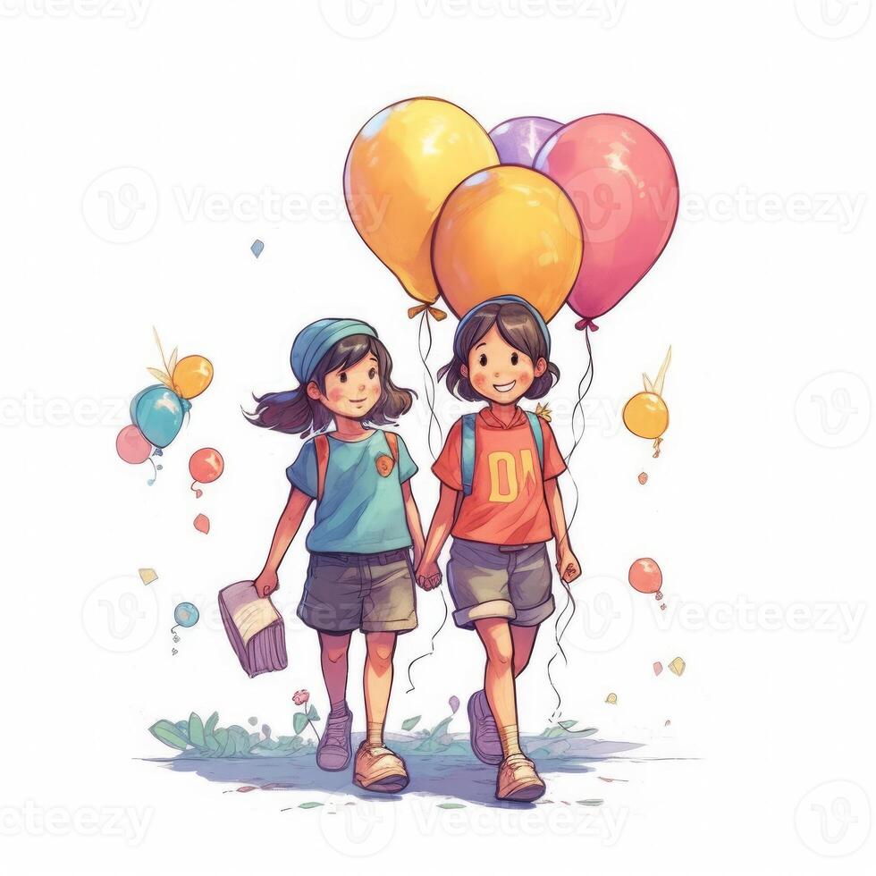 twee kinderen Holding ballonnen wandelen, tekenfilm illustratie met generatief ai foto