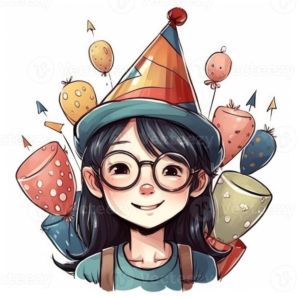 een kind met bril en een hoed is vieren haar verjaardag, tekenfilm illustratie met generatief ai foto